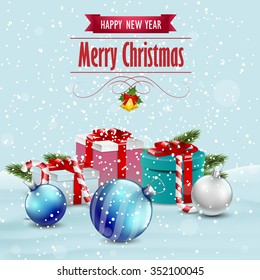 Christmas card with presents and Christmas ornaments, vector background
