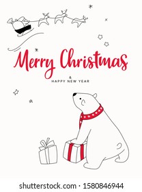 Christmas card print. Hand drawn illustration with cute polar bear received a gift from Santa, lettering text Merry Christmas.