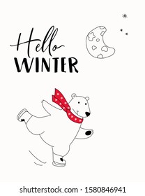 Christmas card print illustration with cute polar bear in a scarf and ice skating riding in the moonlight, lettering text Hello winter.