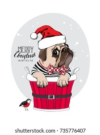 Christmas card. Pug Dog in a red Santa's cap and with a funny party bow tie inside of a bucket. Vector illustration.