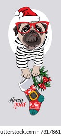 Christmas card. Pug Dog in a striped cardigan, in a red Santa's cap, glasses and with a funny sock, wreath. Vector illustration.