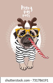 Christmas card. Pug Dog in a striped cardigan, in a horn deer mask, yellow glasses and with a red funny party whistle blowing. Vector illustration.