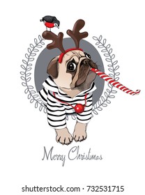 Tarjeta de Navidad. Pug Dog en un cardigan a rayas, con una máscara de ciervo de cuerno y con un divertido silbato de partido rojo soplando. Ilustración vectorial.