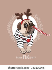 Christmas card. Pug Dog in a striped cardigan, in a horn deer mask and with a red funny party whistle blowing. Vector illustration.