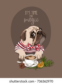 Christmas card. Pug Dog in a striped cardigan, in a fun bow tie and with a cup of a coffee, orange, pine cone, fir branch. Vector illustration.