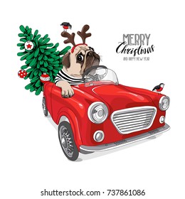 Christmas Card. Pug Dog In A Striped Cardigan And In A Santa's Deer Mask Inside Of The Red Car. Vector Illustration.