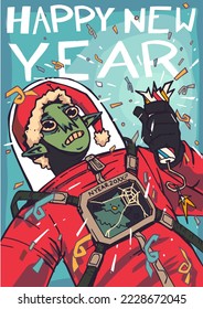 Christmas card with punk elf with Christmas attributes.