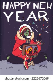 Christmas card with punk elf with Christmas attributes.