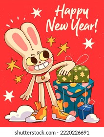 Christmas card with rabbit with Christmas attributes. Rabbit - symbol of the Chinese new year