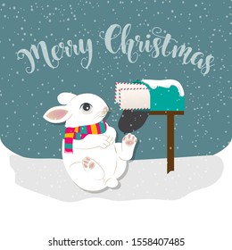Christmas card with rabbit, Christmas background. Flat design. Vector