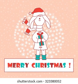 Christmas card. Rabbit with gift. Merry Christmas. New Year.