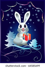 Christmas card with rabbit, gift and christmas trees