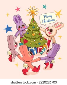 Christmas card with rabbits with Christmas attributes. Rabbit - symbol of the Chinese new year