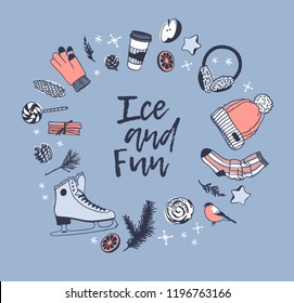 Christmas card with racing skates, fur headphones, hat, glove. Hand drawn fashion illustration. Creative ink art work. Actual Winter cozy vector drawing Ice Skating