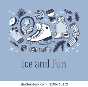 Christmas card with racing skates, fur headphones, hat, glove. Hand drawn fashion illustration. Creative ink art work. Actual Winter cozy vector drawing Ice Skating