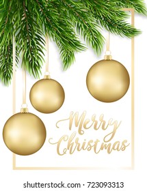 Christmas card with realistic fir branches and balls on a white background with an inscription