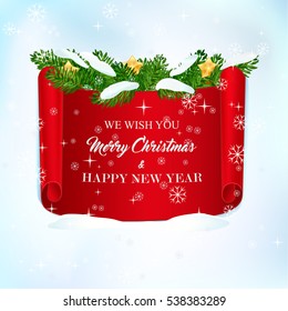 Christmas card. Realistic red paper with sign - We wish you a Merry Christmas and Happy New Year on the snow. Christmas poster, greeting card, template.
