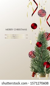 Christmas card with realistic vector Christmas tree, glass ball with lettering.Vector Christmas design for greeting card, party invitation, holiday sales.