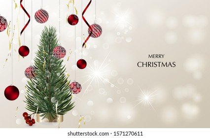 Christmas card with realistic vector Christmas tree, glass ball with lettering.Vector Christmas design for greeting card, party invitation, holiday sales.