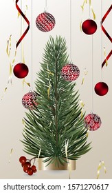 Christmas card with realistic vector Christmas tree, glass ball with lettering.Vector Christmas design for greeting card, party invitation, holiday sales.