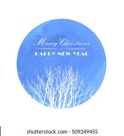 Christmas card with Realistic vector white silhouette of tree bare branches without leaves on a blue watercolor background in the form of a circle.