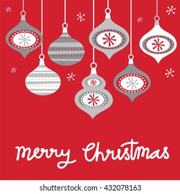 Christmas card with red background and bauble design