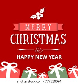 Christmas card with red background and gift boxes
