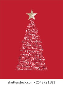 Christmas card, red background, gold, Christmas tree with festive lettering, star