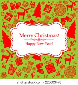 Christmas card. Red Christmas background with star, snowflakes and Christmas tree. Vector Illustration 