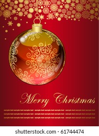 Christmas card with a red ball and golden snowflakes