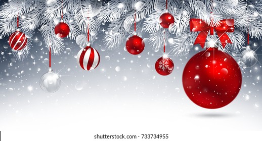 Christmas card with red balls and fir branches. Snowy sparkling background. Vector illustration