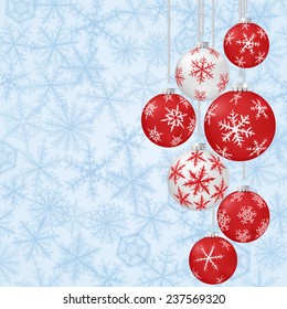 Christmas card with red balls and snowflakes on light background.