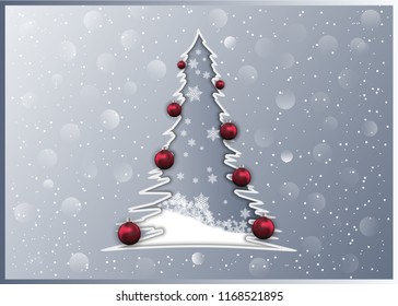 Christmas card with red balls and tree on abstract background