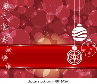 Christmas card with red banner; balls and snowflakes. 10EPS. Vector illustration.