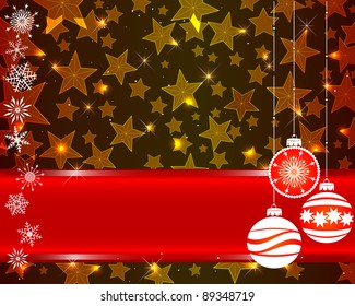 Christmas card with red banner, stars and snowflakes. 10EPS. Vector illustration.