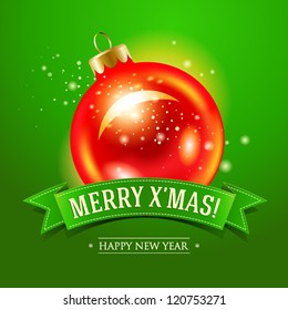 Christmas card with red bauble and inscription on a green ribbon. Vector illustration.