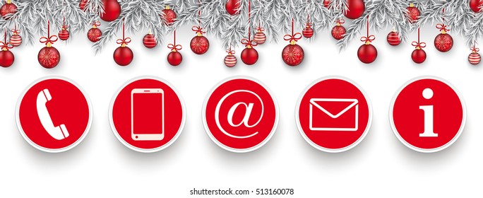 Christmas card with red baubles and contact icons. Eps 10 vector file.