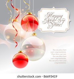Christmas card with red baubles and inscription on a silver background. Vector illustration.