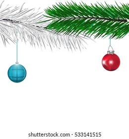 Christmas card with red and blue balls on pine branches
