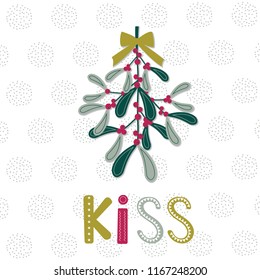 Christmas card with red bow and hanging decoration mistletoe design