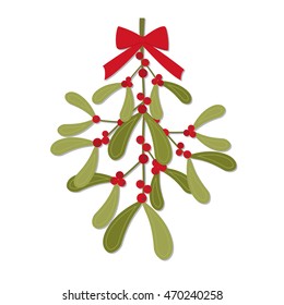 Christmas card with red bow on hanging mistletoe design