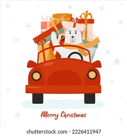 Christmas card with red car, polar bear and gifts. Beautiful vector illustration. Design for greeting card, poster, website