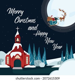 Christmas card -red church santa big moon, Christmas eve, night, Santa Clause on the sledge with raindeers, Christmas scene
