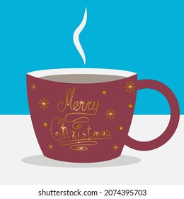 Christmas card. Red cup with cocoa and marshmallows. Handwritten lettering. New Year's illustration. Vector.