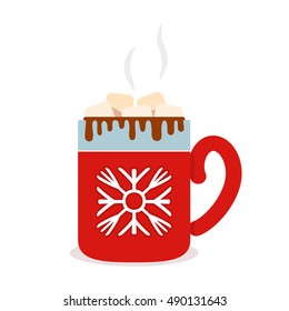 Christmas card Red cup of hot chocolate with marshmallows. Flat vector illustration isolate on a white background.