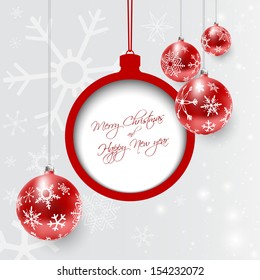 Christmas card with red dull decorated balls in white, vector illustration.