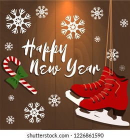 Christmas card with red figure ice skates, sugar stick and snowflakes on a wooden background. Vector cartoon illustration