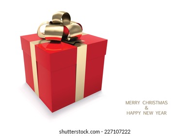 Christmas card with red gift box. Vector illustration.
