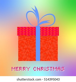 Christmas card with a red gift composed of pixels with a blue ribbon on a colored background. Red pixel banner Merry Christmas with white shadow