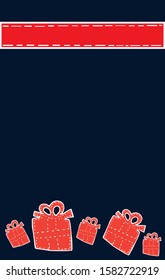 Christmas card with red gifts with white outline in doodle style, on a blue background with place for text stock vector illustration for design and decoration.